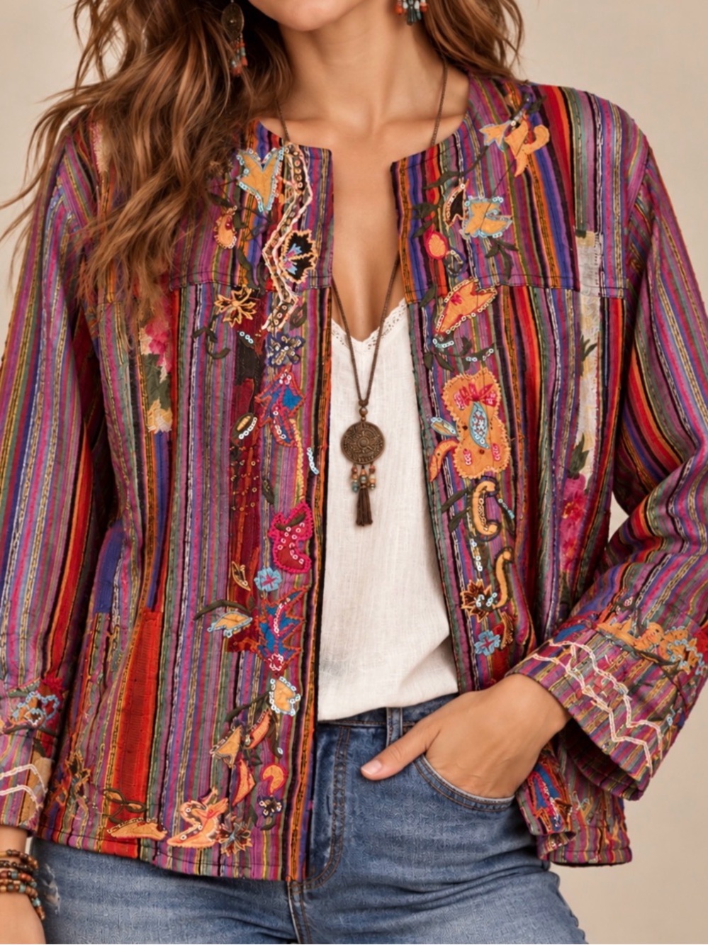 Chico's Vintage Silk Open Front Embroidered Multi-Colored Stripes w Sequins